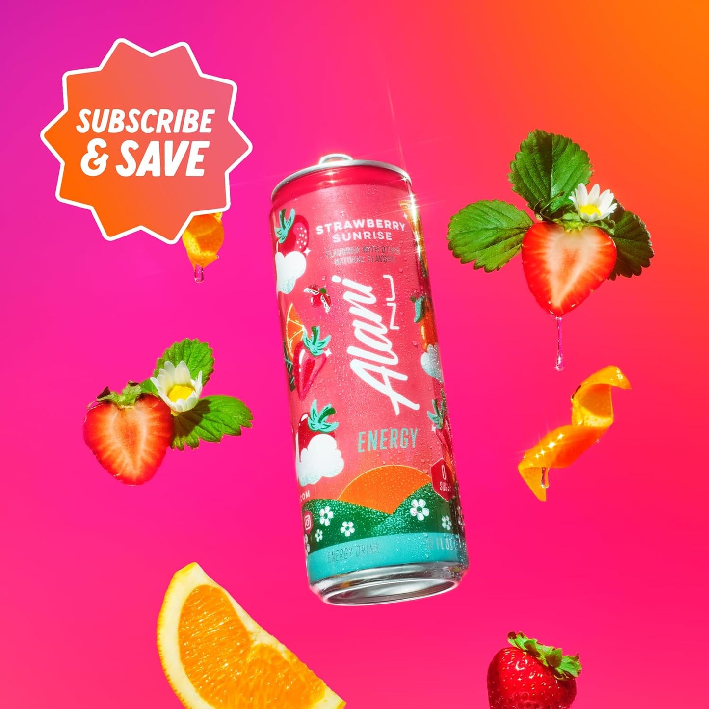 Alani Nu STRAWBERRY SUNRISE Sugar Free, Low Calorie Energy Drinks, 12 Fl Oz Cans, 24 Pack