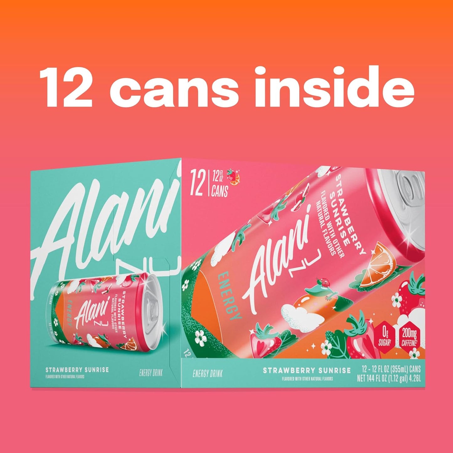 Alani Nu STRAWBERRY SUNRISE Sugar Free, Low Calorie Energy Drinks, 12 Fl Oz Cans, 24 Pack