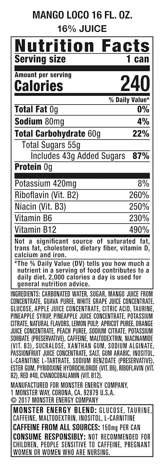 Monster Energy Juice Monster Mango Loco, Energy + Juice, Energy Drink, 16 Ounce (Pack of 24)