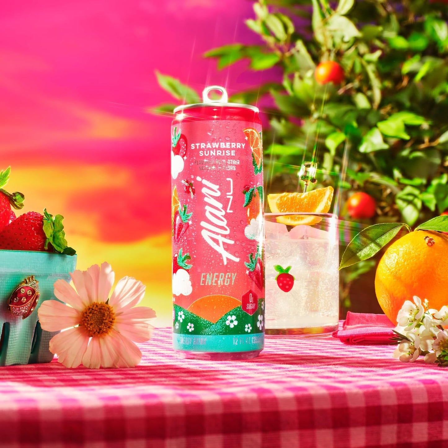 Alani Nu STRAWBERRY SUNRISE Sugar Free, Low Calorie Energy Drinks, 12 Fl Oz Cans, 24 Pack