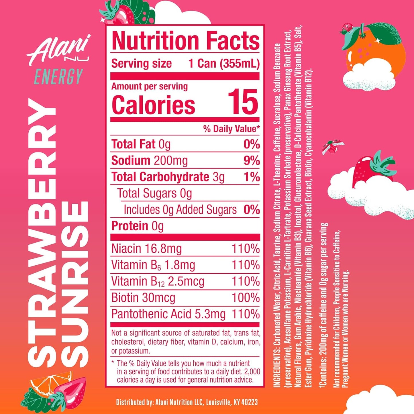 Alani Nu STRAWBERRY SUNRISE Sugar Free, Low Calorie Energy Drinks, 12 Fl Oz Cans, 24 Pack