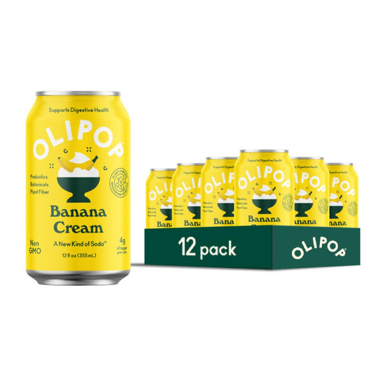 OLIPOP Prebiotic Soda Pop, Banana Cream, A New Kind of Soda Packed with Prebiotics, Fiber, and Botanicals, Gluten Free, Vegan, GMO Free, 12oz (12-Cans)