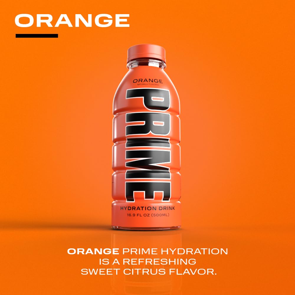 Prime Hydration Drink, Orange, 16.9 fl oz, Bottle pack of 12