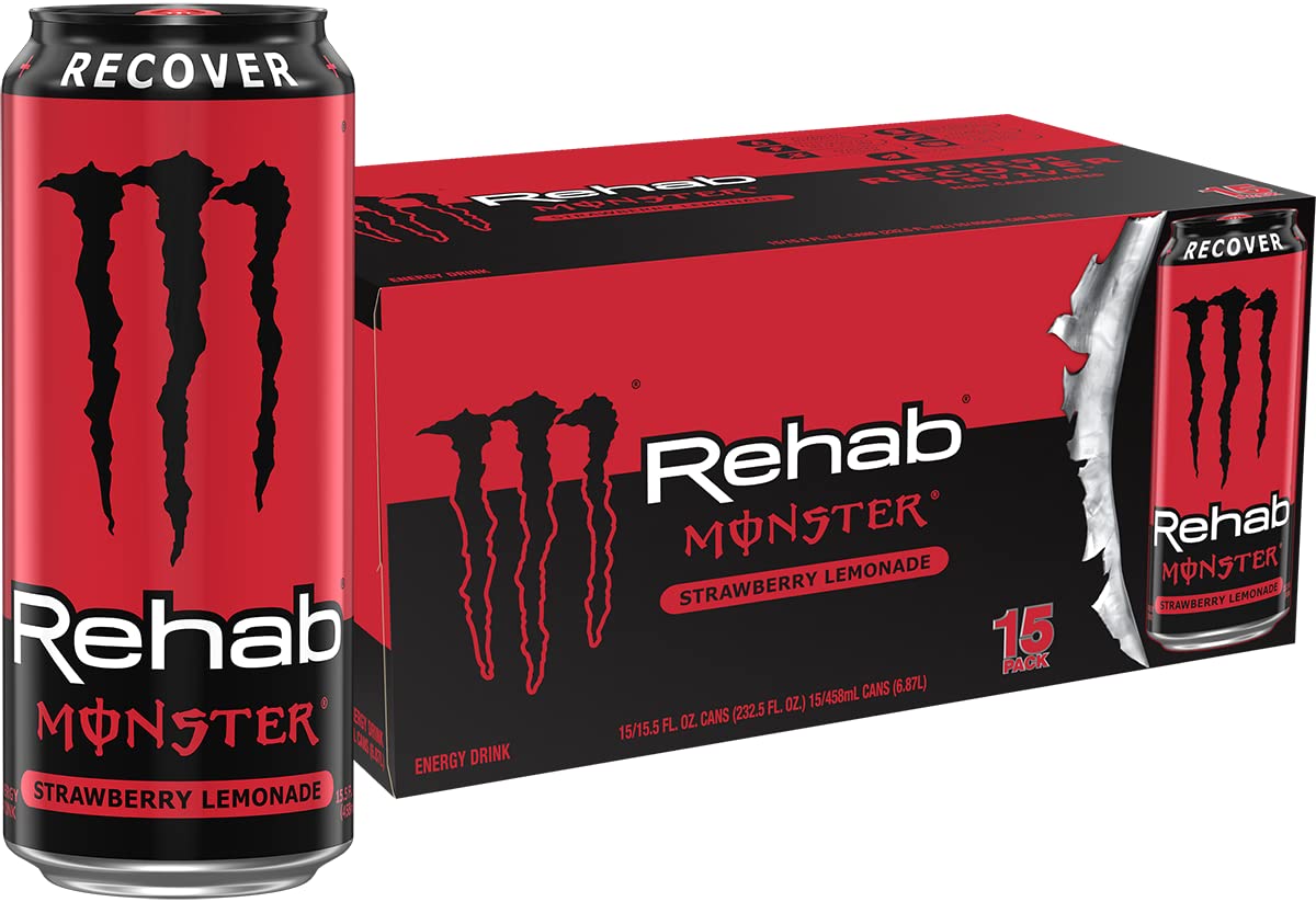 Monster Energy Rehab Monster Strawberry Lemonade + Energy, 15.5 Oz (Pack Of 12)