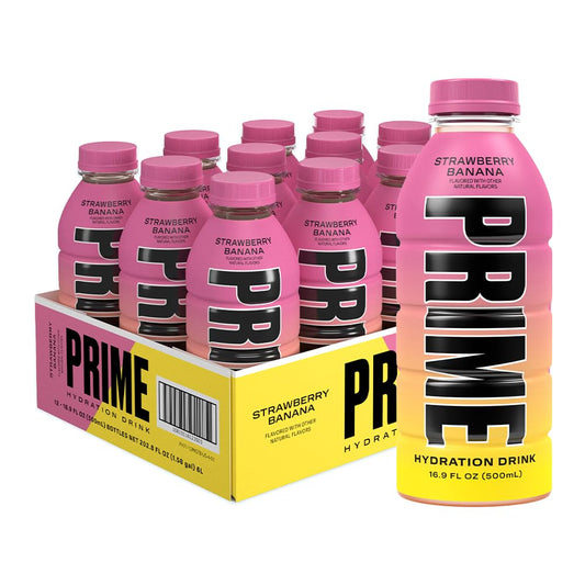 Prime Hydration Drink, New Strawberry Banana, 16.9oz Pack of 12