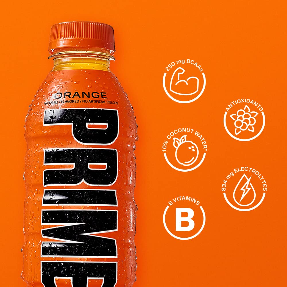 Prime Hydration Drink, Orange, 16.9 fl oz, Bottle pack of 12