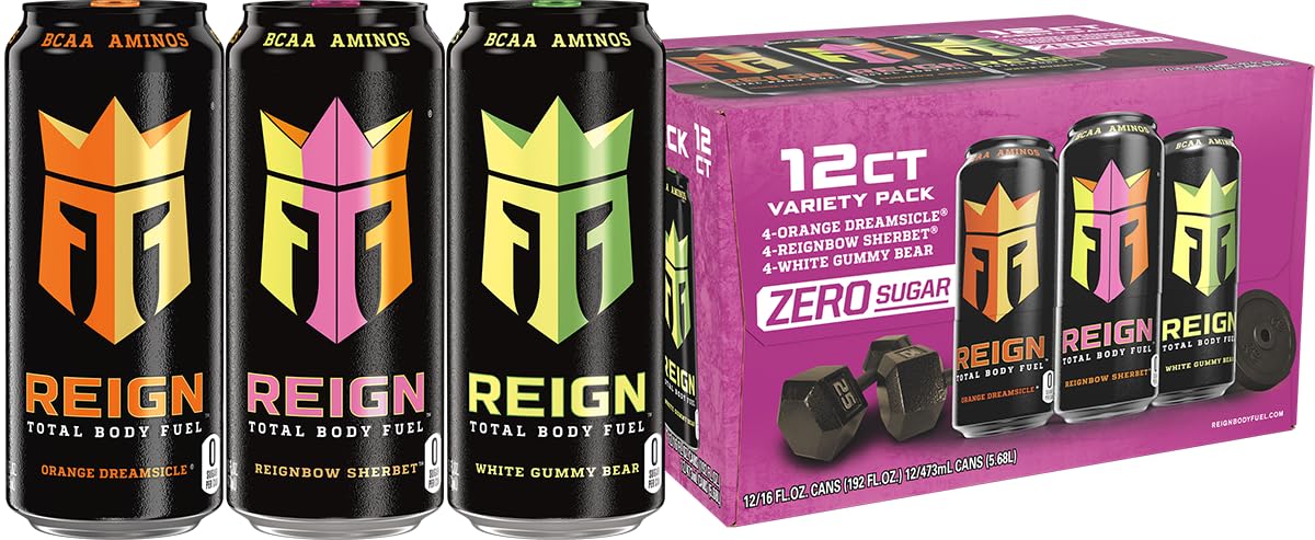 REIGN Total Body Fuel Variety Pack, Reign Orange Dreamsicle, Reign Reignbow Sherbet, Reign White Gummy Bear, Fitness & Performance Drink, 16 Fl Oz (Pack of 12)