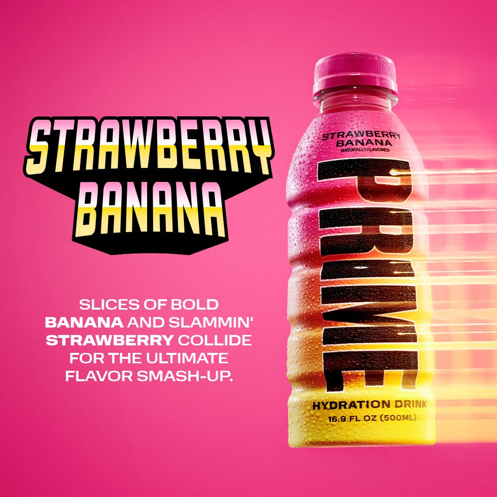 Prime Hydration Drink, New Strawberry Banana, 16.9oz Pack of 12