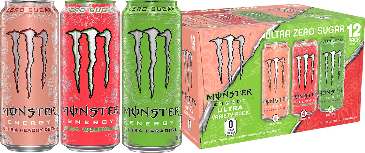 Monster Ultra Variety Pack, Ultra Watermelon + Ultra Paradise + Ultra Peachy Keen 16 fl oz, Pack of 12