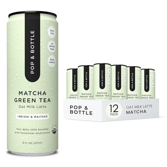 Pop & Bottle Matcha Oat Milk Latte + Reishi & Maitake, Organic, Shelf-Stable, Ambient 8 fl oz (Pack of 12)