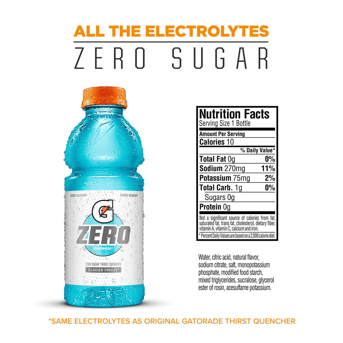 Gatorade G Zero Thirst Quencher, Glacier Freeze, 20 fl oz (12 Count)