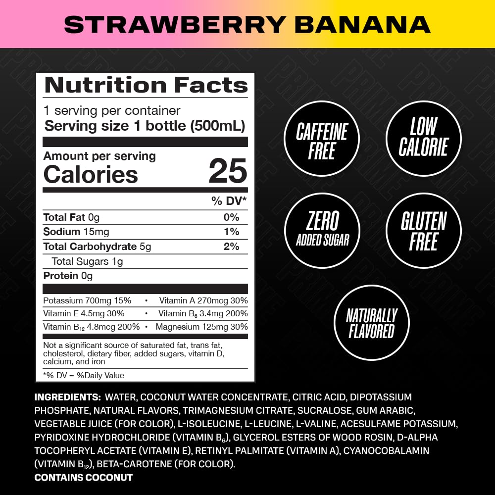 Prime Hydration Drink, New Strawberry Banana, 16.9oz Pack of 12