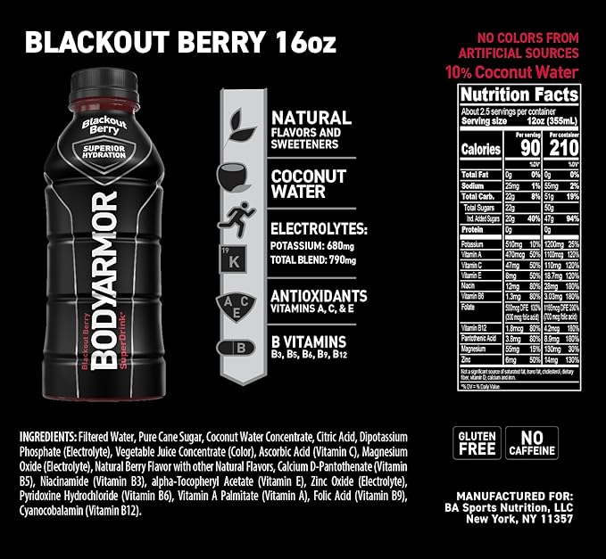 BODYARMOR Sports Drink – Blackout Berry, 16 Fl Oz (Pack of 12)