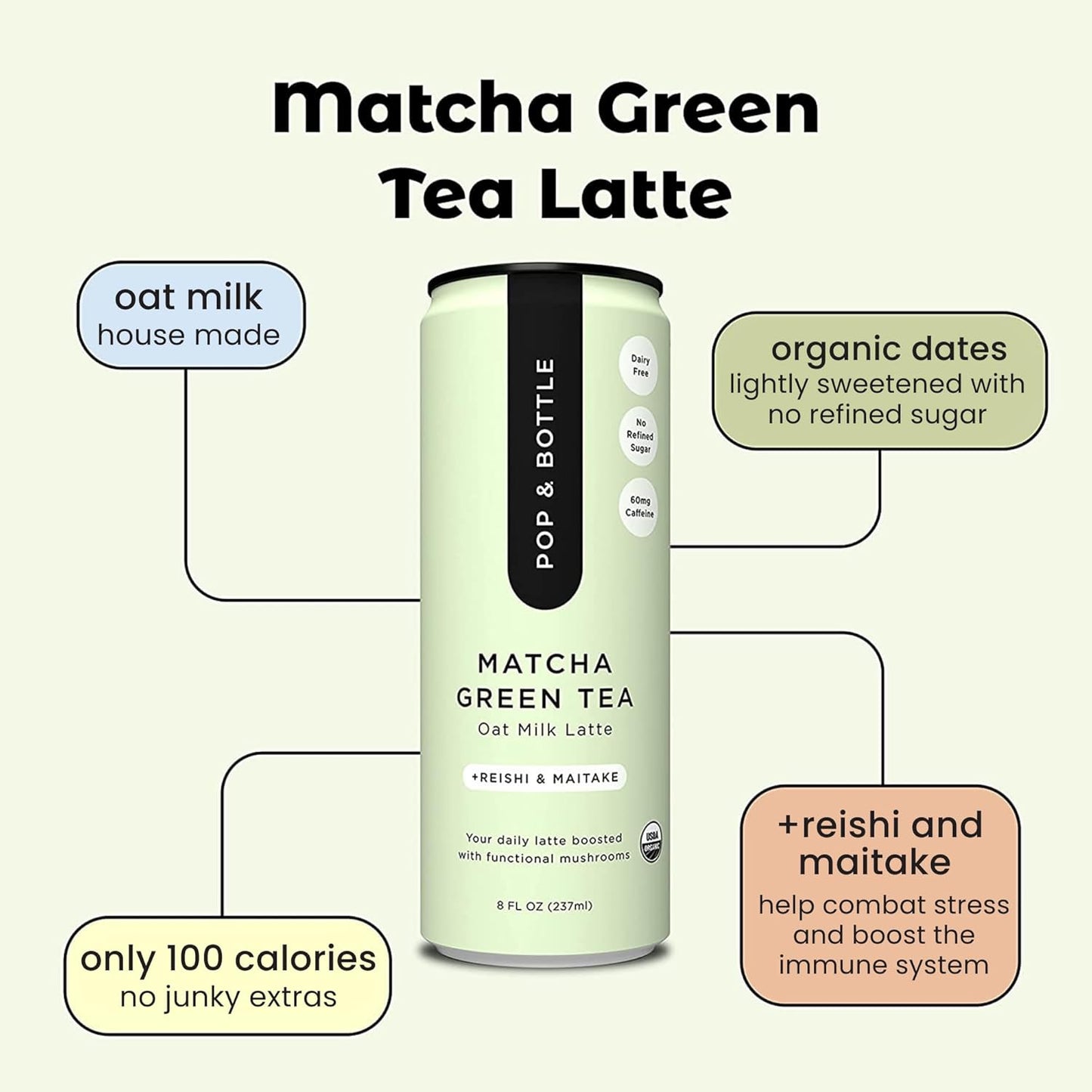 Pop & Bottle Matcha Oat Milk Latte + Reishi & Maitake, Organic, Shelf-Stable, Ambient 8 fl oz (Pack of 12)