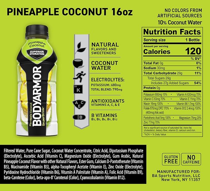 BODYARMOR Sports Drink – Pineapple Coconut, 16 Fl Oz (Pack of 12)