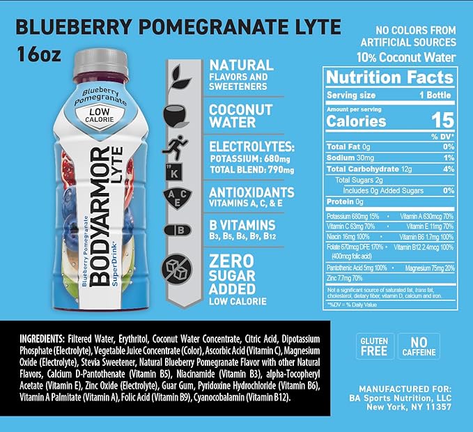 BODYARMOR LYTE Sports Drink - Blueberry Pomegranate - Electrolyte Hydration - 12 Pack