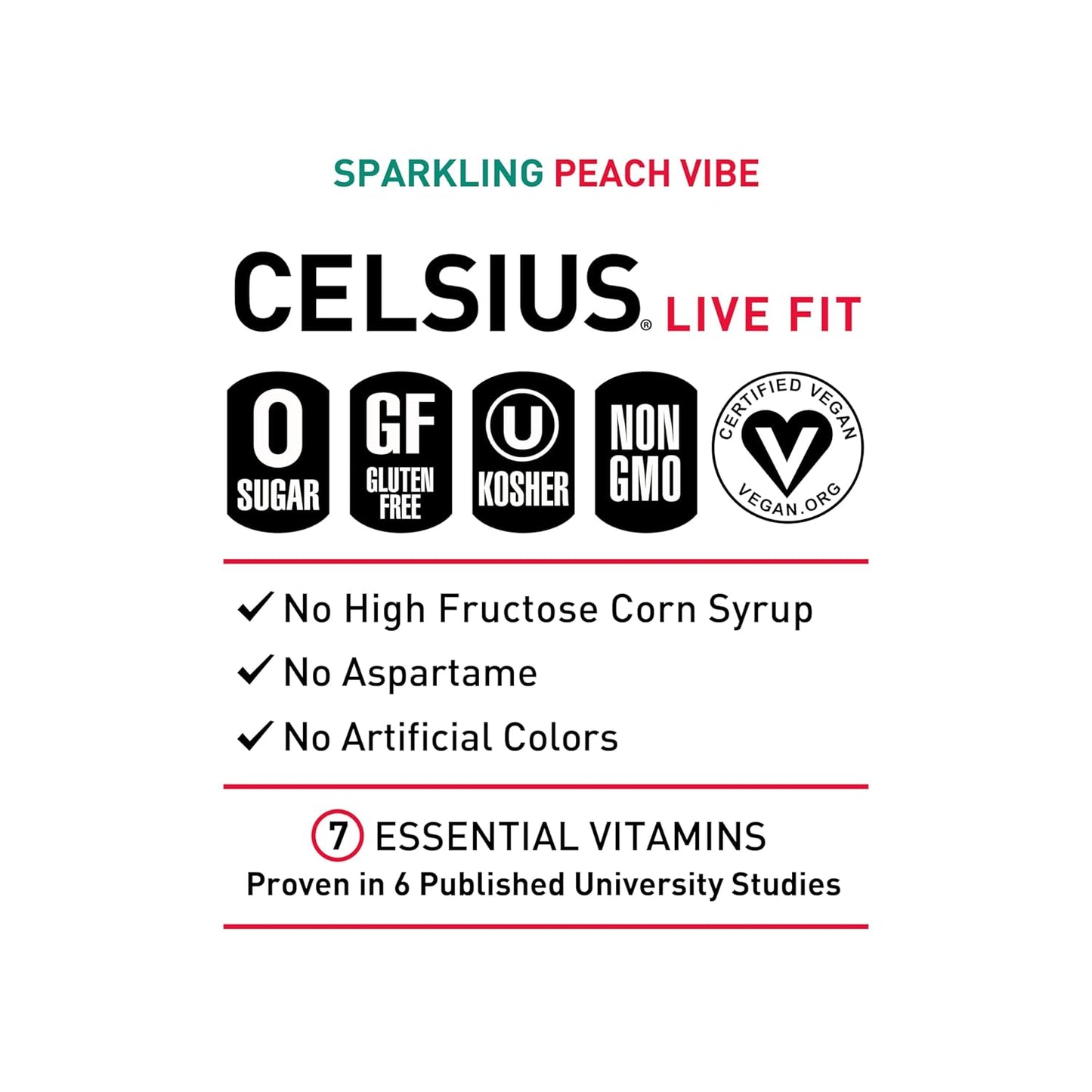 CELSIUS Sparkling Peach Vibe, Functional Essential Energy Drink 12 Fl Oz (Pack of 12)