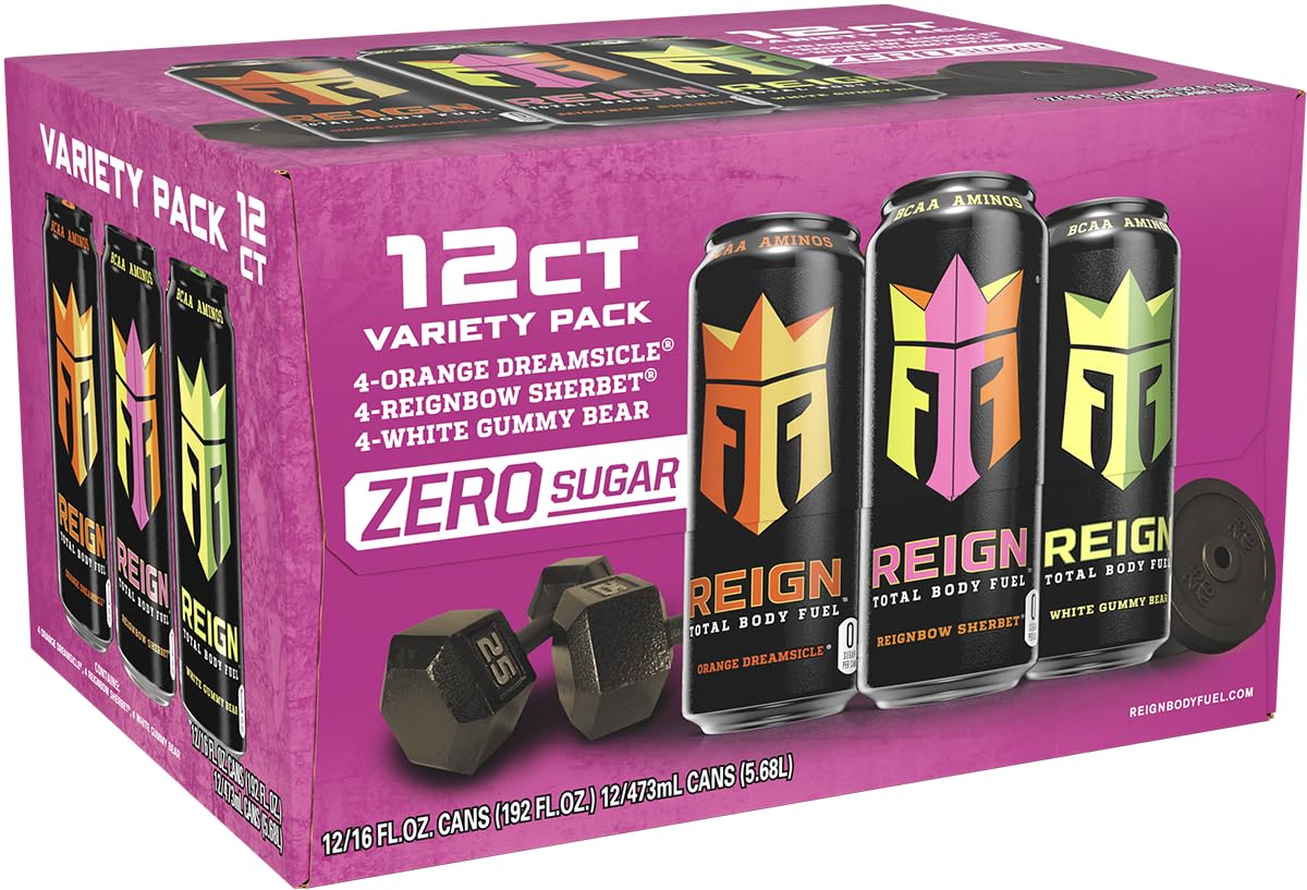 REIGN Total Body Fuel Variety Pack, Reign Orange Dreamsicle, Reign Reignbow Sherbet, Reign White Gummy Bear, Fitness & Performance Drink, 16 Fl Oz (Pack of 12)