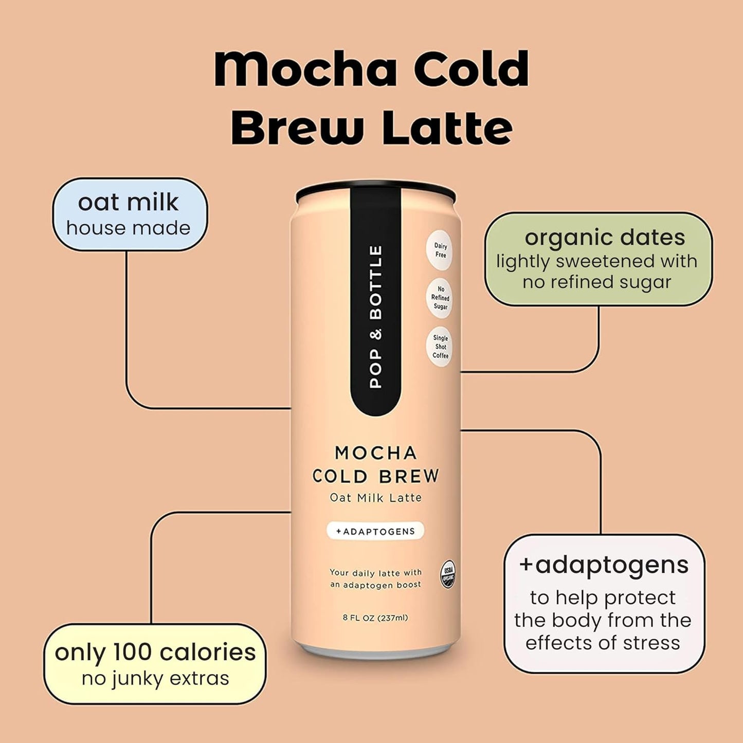 Pop & Bottle Mocha Oat Milk Latte + Adaptogens, Organic, Shelf-Stable/ Ambient, 8 fl oz (Pack of 12)