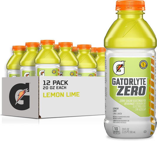 Gatorlyte Zero Electrolyte Beverage, Lemon Lime, 20 Fl Oz Bottles (Pack of 12)