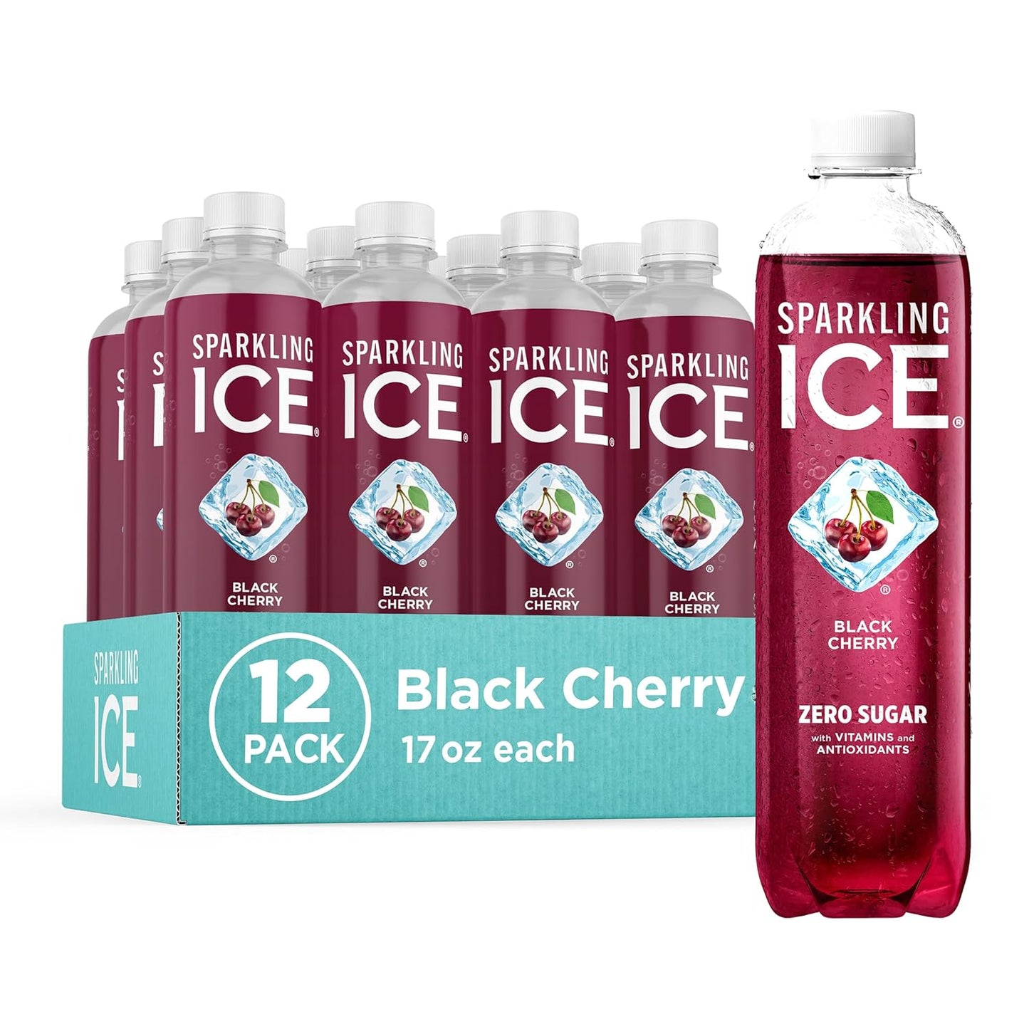 Sparkling Ice, Black Cherry Sparkling Water, Zero Sugar Flavored Water, with Vitamins and Antioxidants, Low Calorie Beverage, 17 fl oz Bottles (Pack of 12)