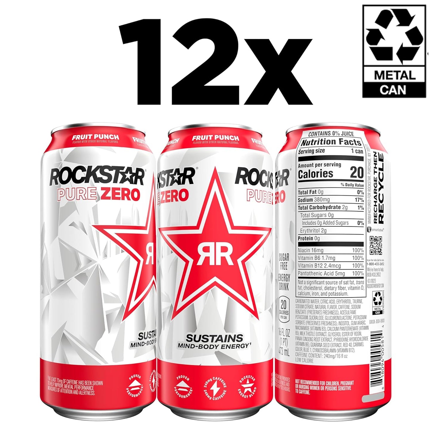 Rockstar Pure Zero Energy Drink, Fruit Punch, 16oz Cans (12 Pack)