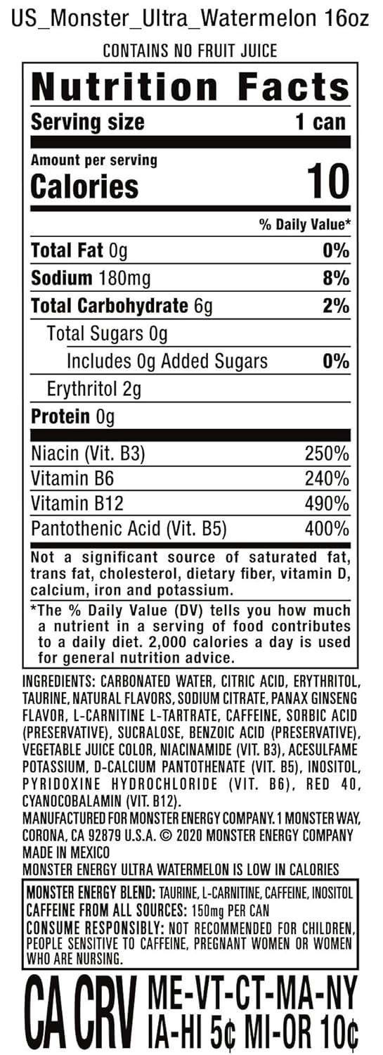 Monster Energy Ultra Watermelon, Sugar Free Energy Drink, 16 Ounce (Pack of 15)