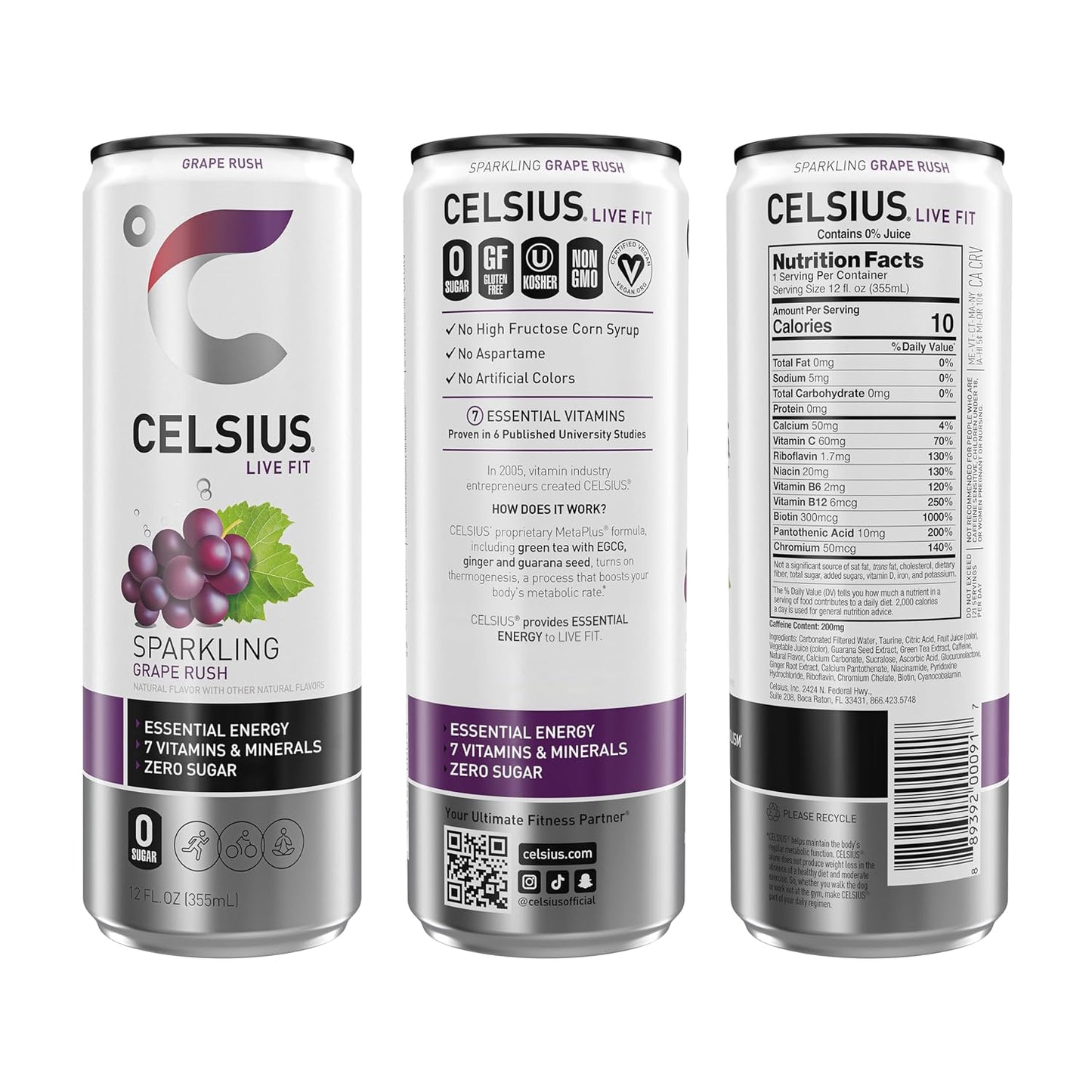 CELSIUS Sparkling Grape Rush, Functional Essential Energy Drink 12 Fl Oz (Pack of 12)