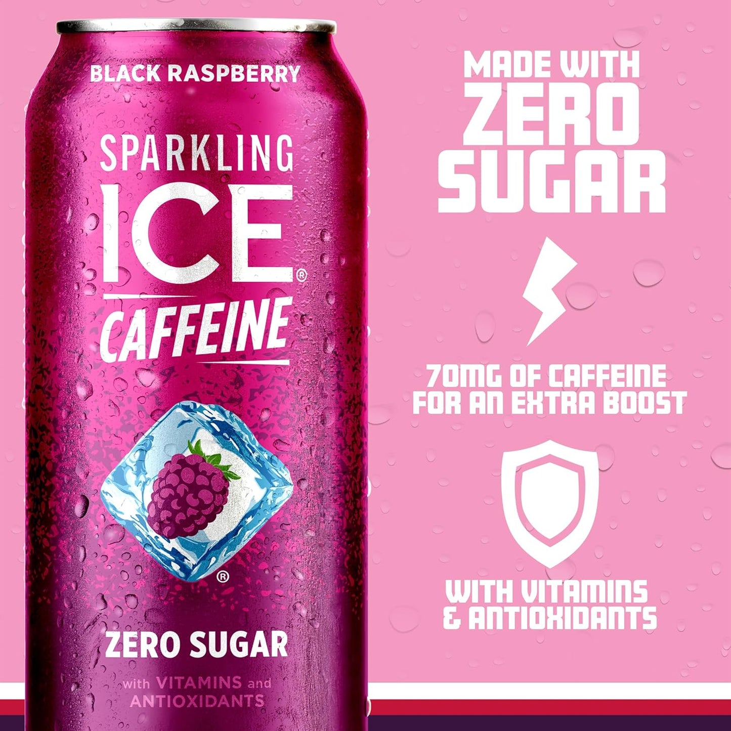 Sparkling Ice Caffeine Black Raspberry Sparkling Water with Caffeine, Zero Sugar, with Antioxidants and Vitamins,16 fl oz Cans (Pack Of 12)