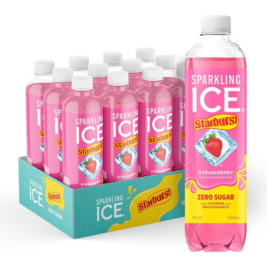 Sparkling Ice STARBURST Strawberry, Zero Sugar Flavored Sparkling Water, with Vitamins and Antioxidants, 17 fl oz Bottles (Pack of 12)