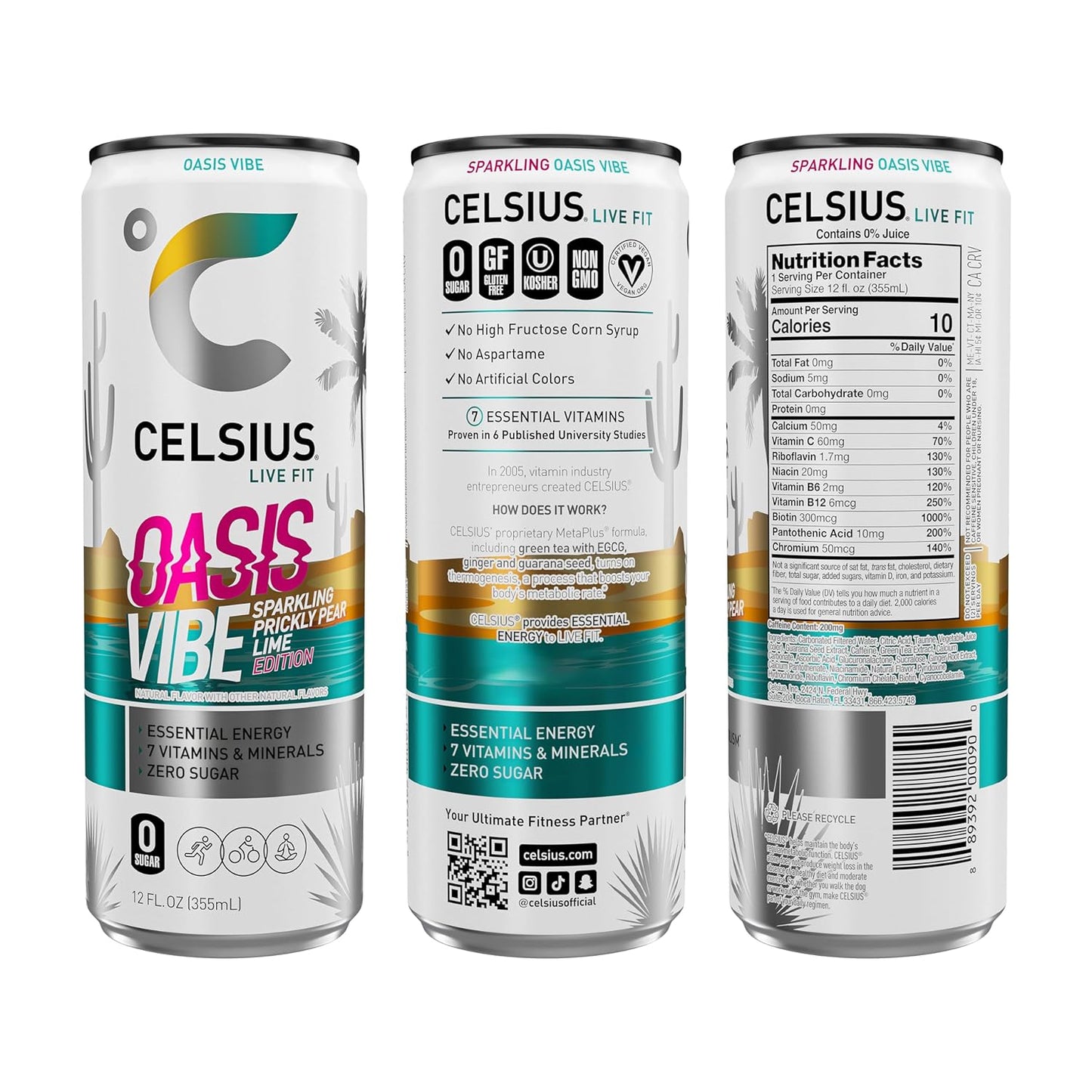 CELSIUS Sparkling Oasis Vibe, Functional Essential Energy Drink, 12 Fl Oz (Pack of 12)