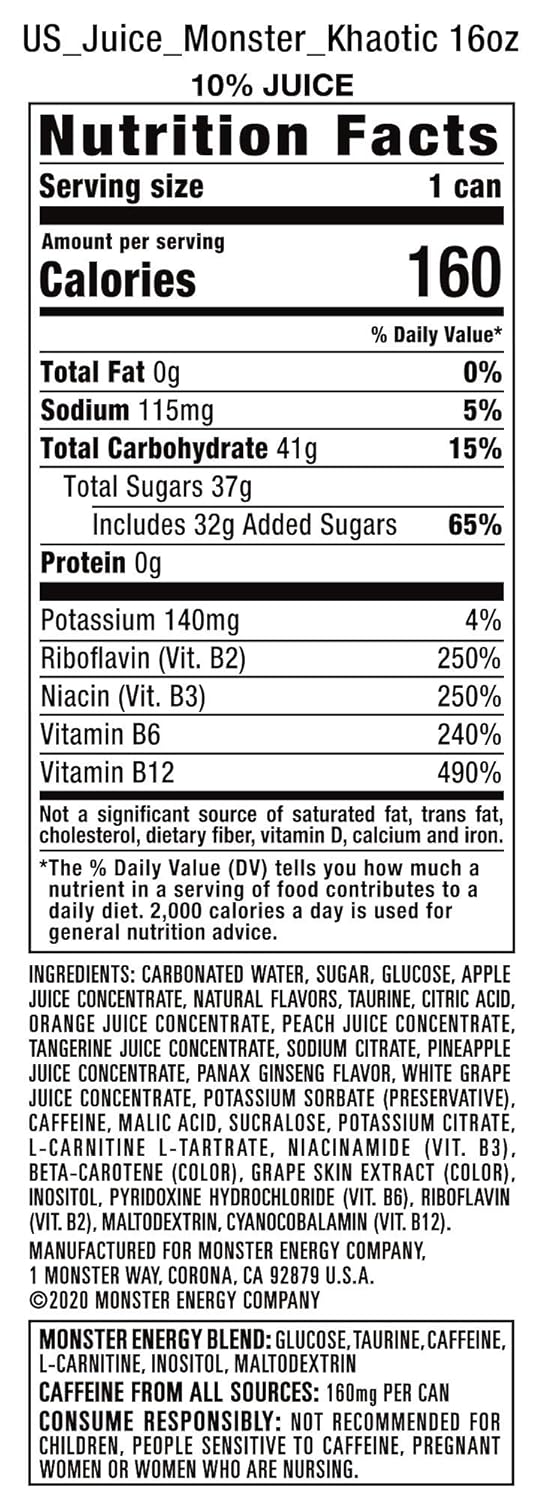 Monster Energy Juice Monster Khaotic Tropical Orange, Energy + Juice, Energy Drink, 16 Ounce (Pack of 24)