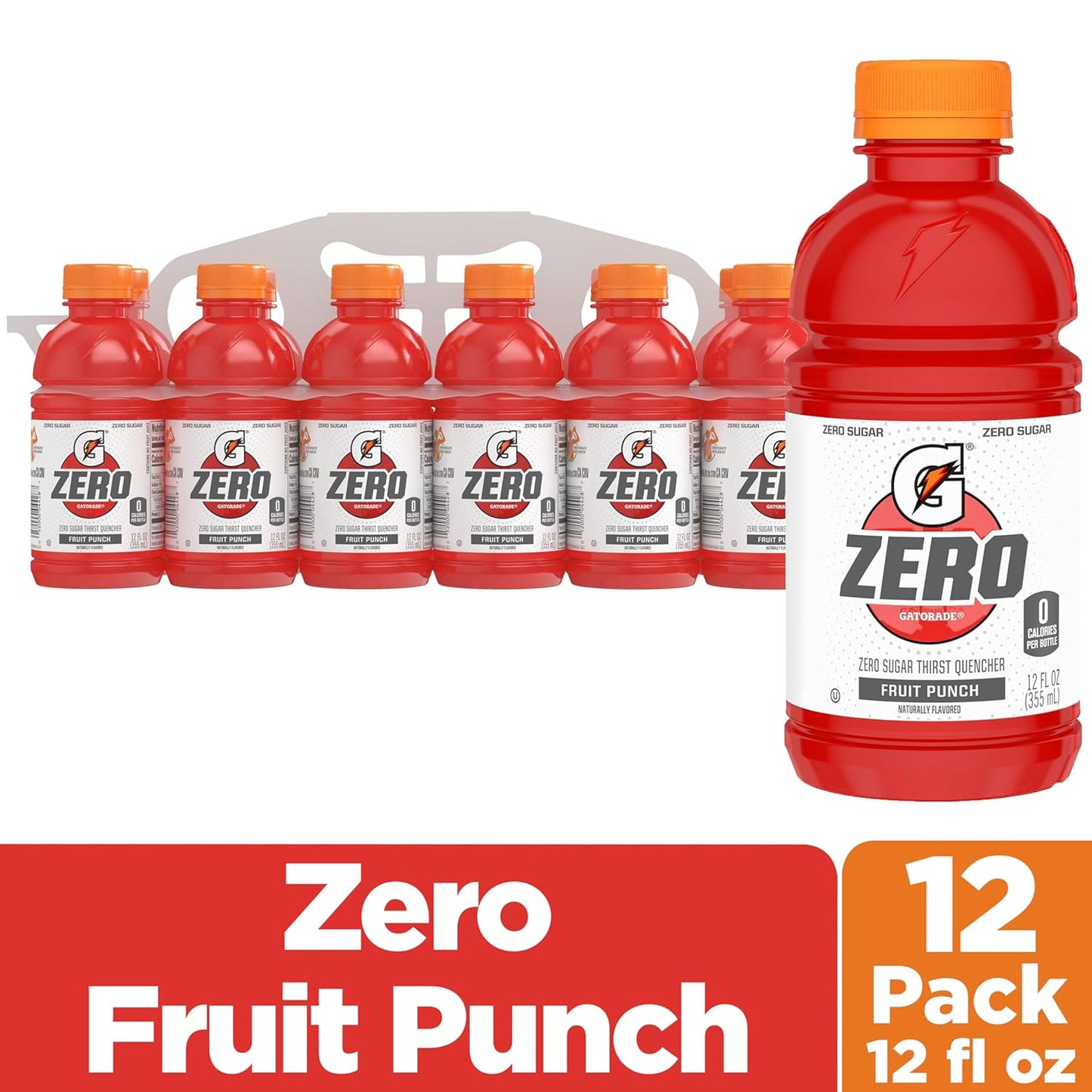 Gatorade Thirst Quencher Zero Sugar Sports Drink, Fruit Punch, 12oz Bottles, 12 Pack