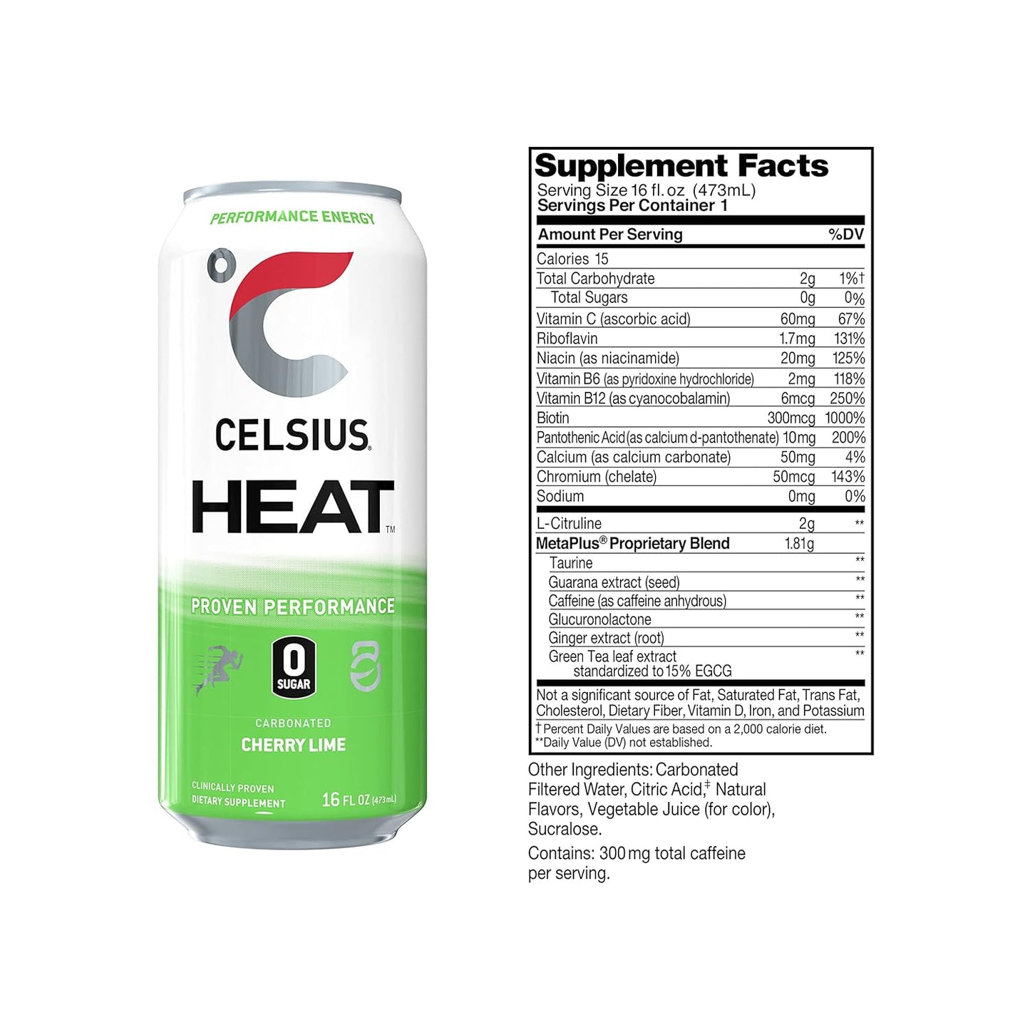 CELSIUS HEAT Performance Energy Drink, Cherry Lime, 16 Fl Oz (Pack of 12)