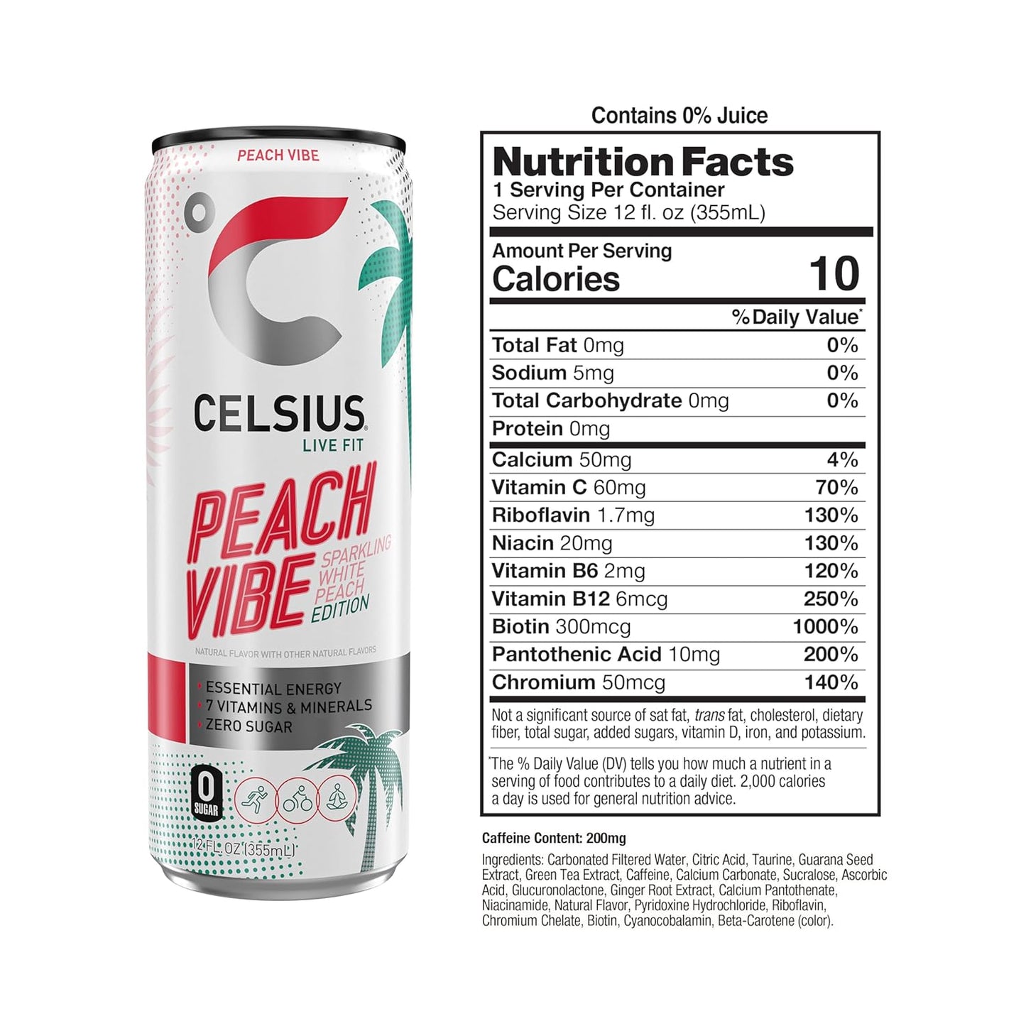 CELSIUS Sparkling Peach Vibe, Functional Essential Energy Drink 12 Fl Oz (Pack of 12)