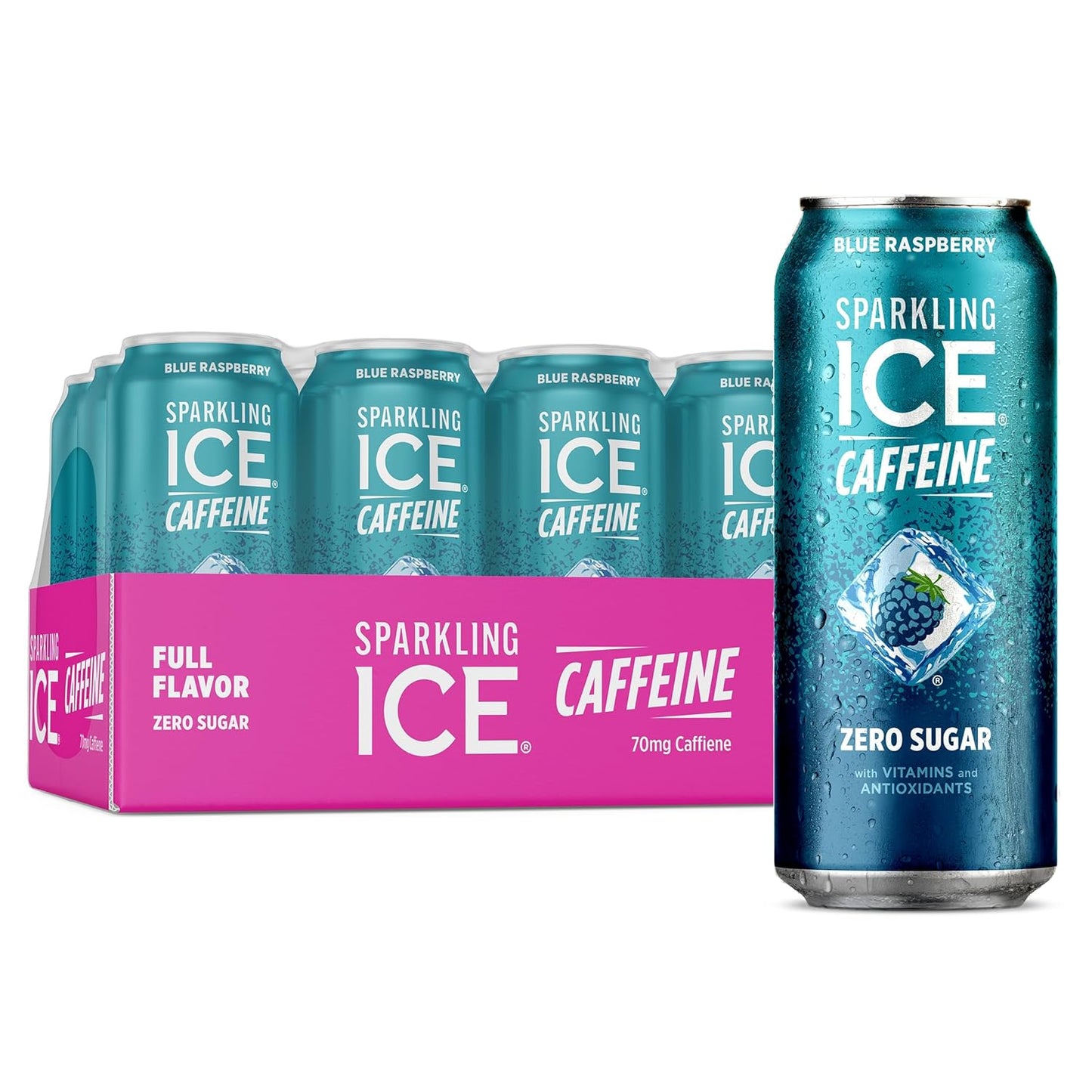 Sparkling Ice Caffeine Blue Raspberry Sparkling Water with Caffeine, Zero Sugar, with Antioxidants and Vitamins,16 fl oz Cans (Pack Of 12)