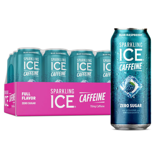 Sparkling Ice Caffeine Blue Raspberry Sparkling Water with Caffeine, Zero Sugar, with Antioxidants and Vitamins,16 fl oz Cans (Pack Of 12)