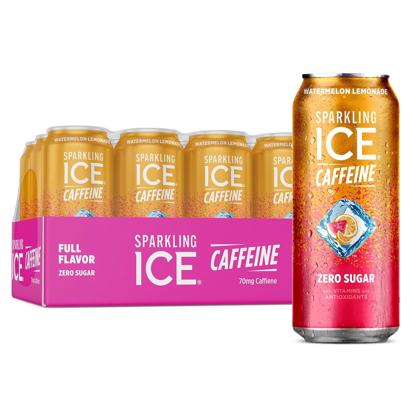 Sparkling Ice Watermelon Lemonade Sparkling Water with Caffeine, Zero Sugar, with Antioxidants and Vitamins,16 fl oz Cans (Pack Of 12)