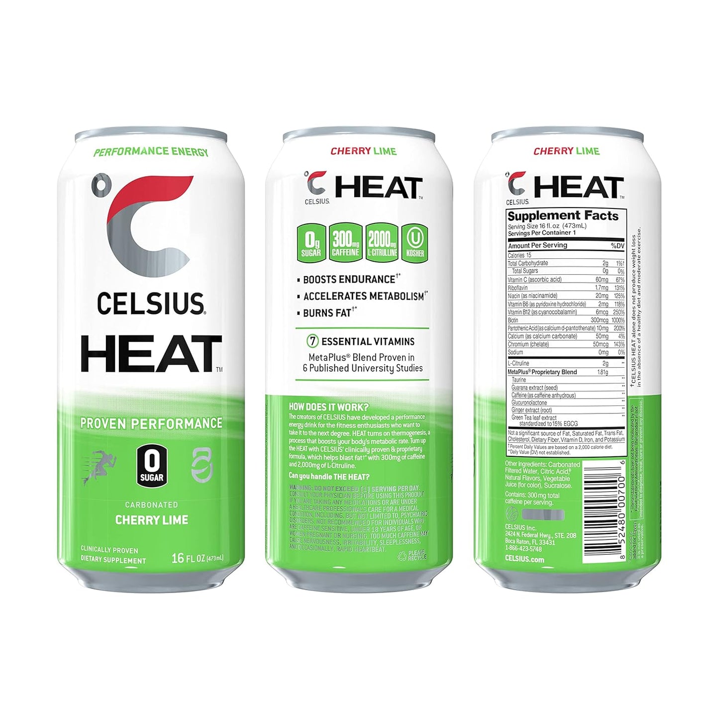 CELSIUS HEAT Performance Energy Drink, Cherry Lime, 16 Fl Oz (Pack of 12)