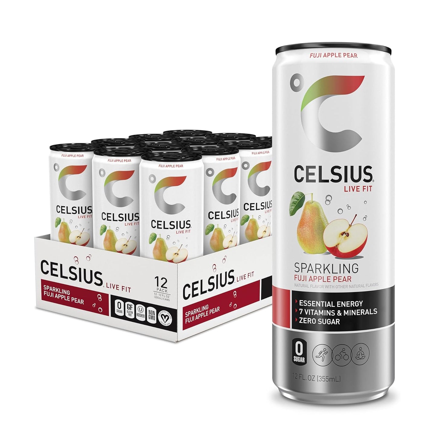 CELSIUS Sparkling Fuji Apple Pear, Functional Essential Energy Drink 12 Fl Oz (Pack of 12)