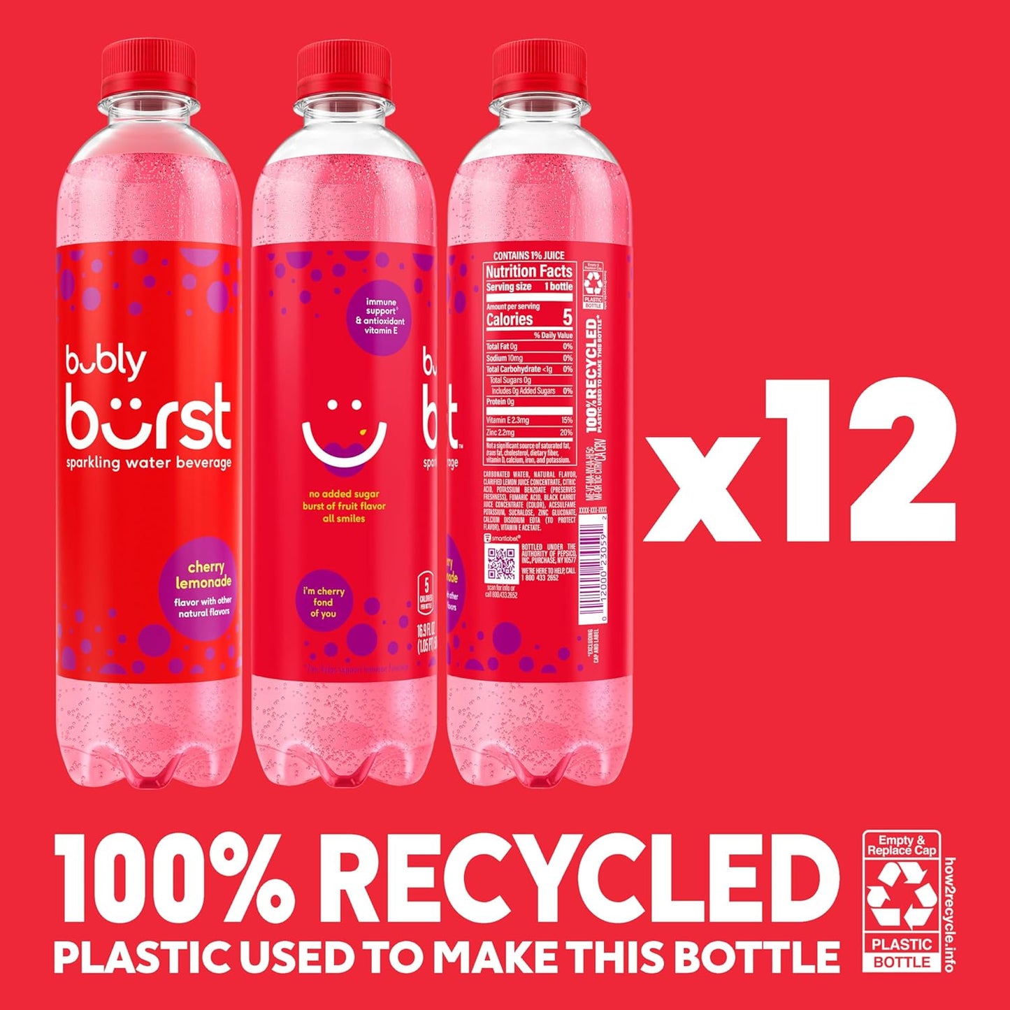 bubly burst, Cherry Lemonade, 16.9 FL Oz Bottles (Pack of 12)