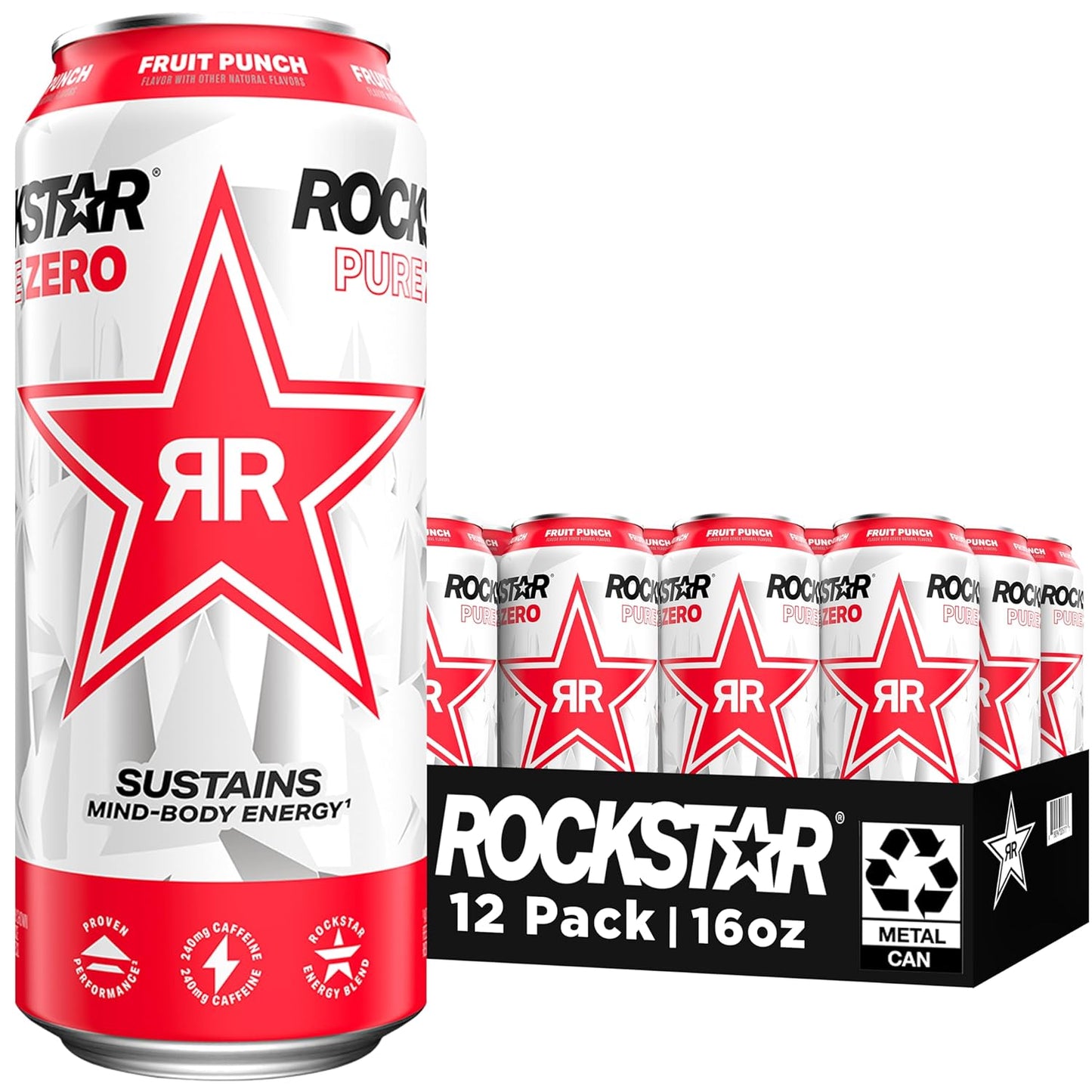 Rockstar Pure Zero Energy Drink, Fruit Punch, 16oz Cans (12 Pack)