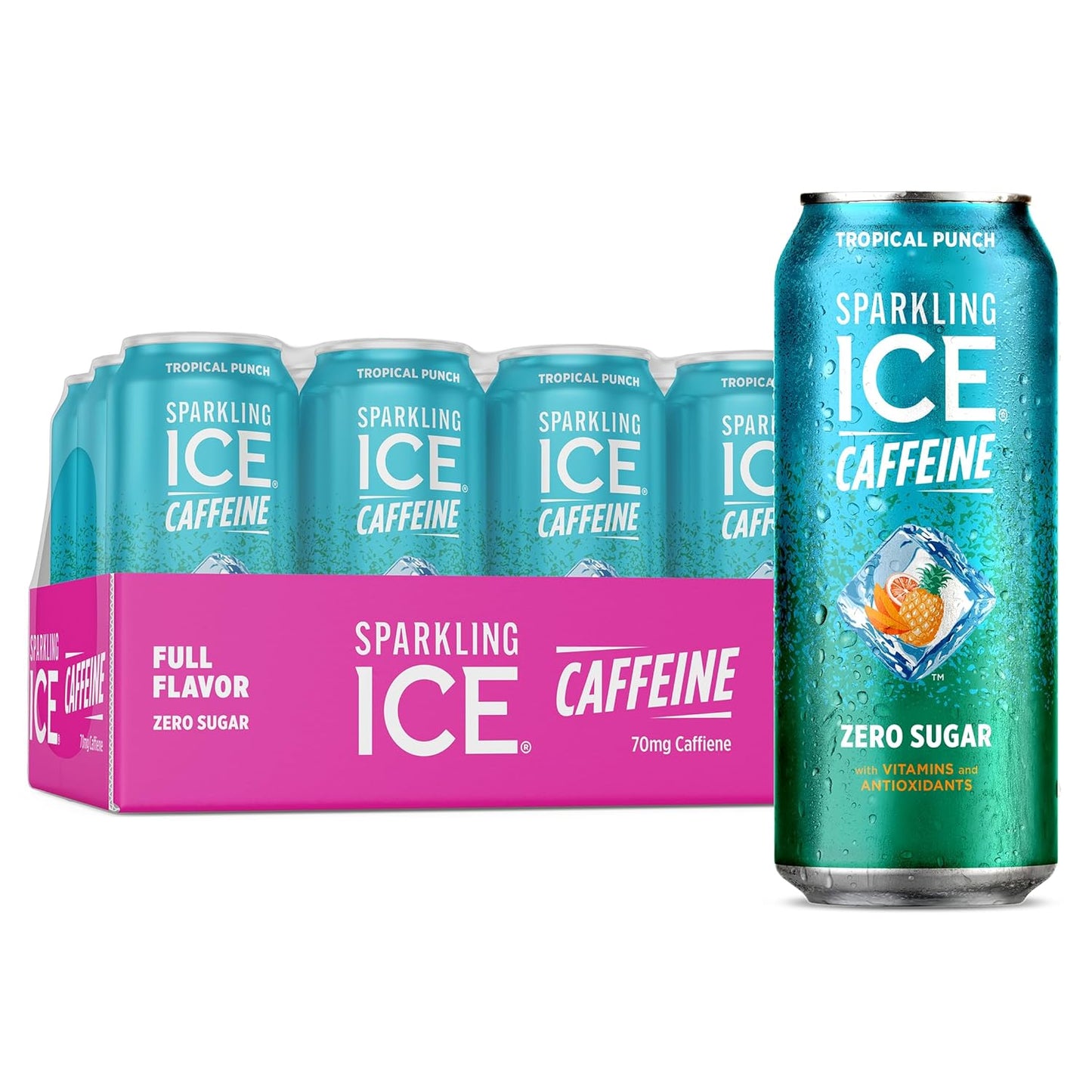 Sparkling Ice Caffeine Tropical Punch Sparkling Water with Caffeine, Zero Sugar, with Antioxidants and Vitamins,16 fl oz Cans (Pack Of 12)