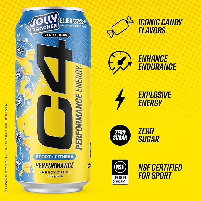 Cellucor C4 Performance Energy Drink | JOLLY RANCHER Blue Raspberry | Preworkout  | 16 Fl Oz (12 Pack)