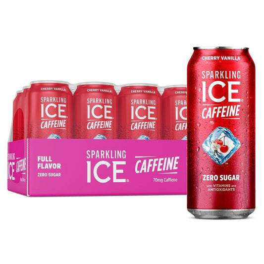 Sparkling Ice Caffeine Cherry Vanilla Sparkling Water with Caffeine, Zero Sugar, with Antioxidants and Vitamins,16 fl oz Cans (Pack Of 12)