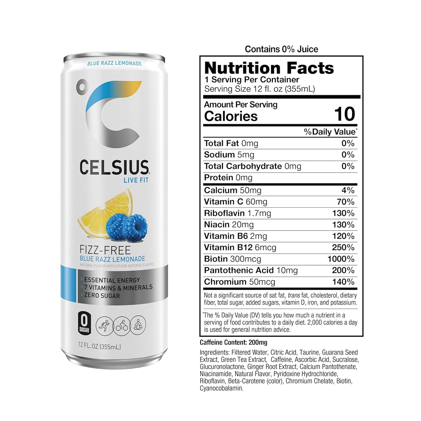 CELSIUS Fizz Free Blue Razz Lemonade, Functional Essential Energy Drink 12 Fl Oz (Pack of 12)