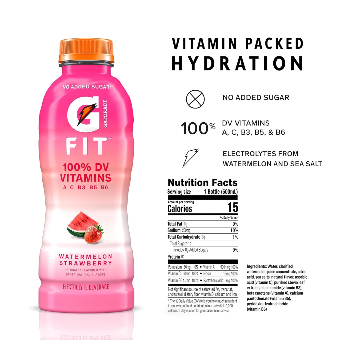 Gatorade Fit Electrolyte Beverage, Healthy Real Hydration, Watermelon Strawberry, 16.9.oz Bottles (12 Pack)