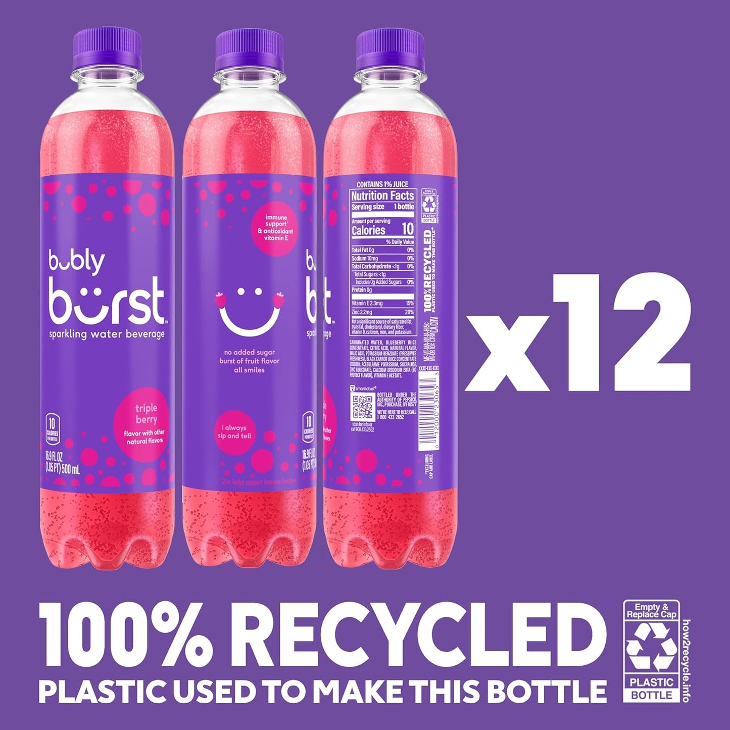 bubly burst Sparkling Water - Triple Berry - 12 Pack - 16.9 fl oz Bottles