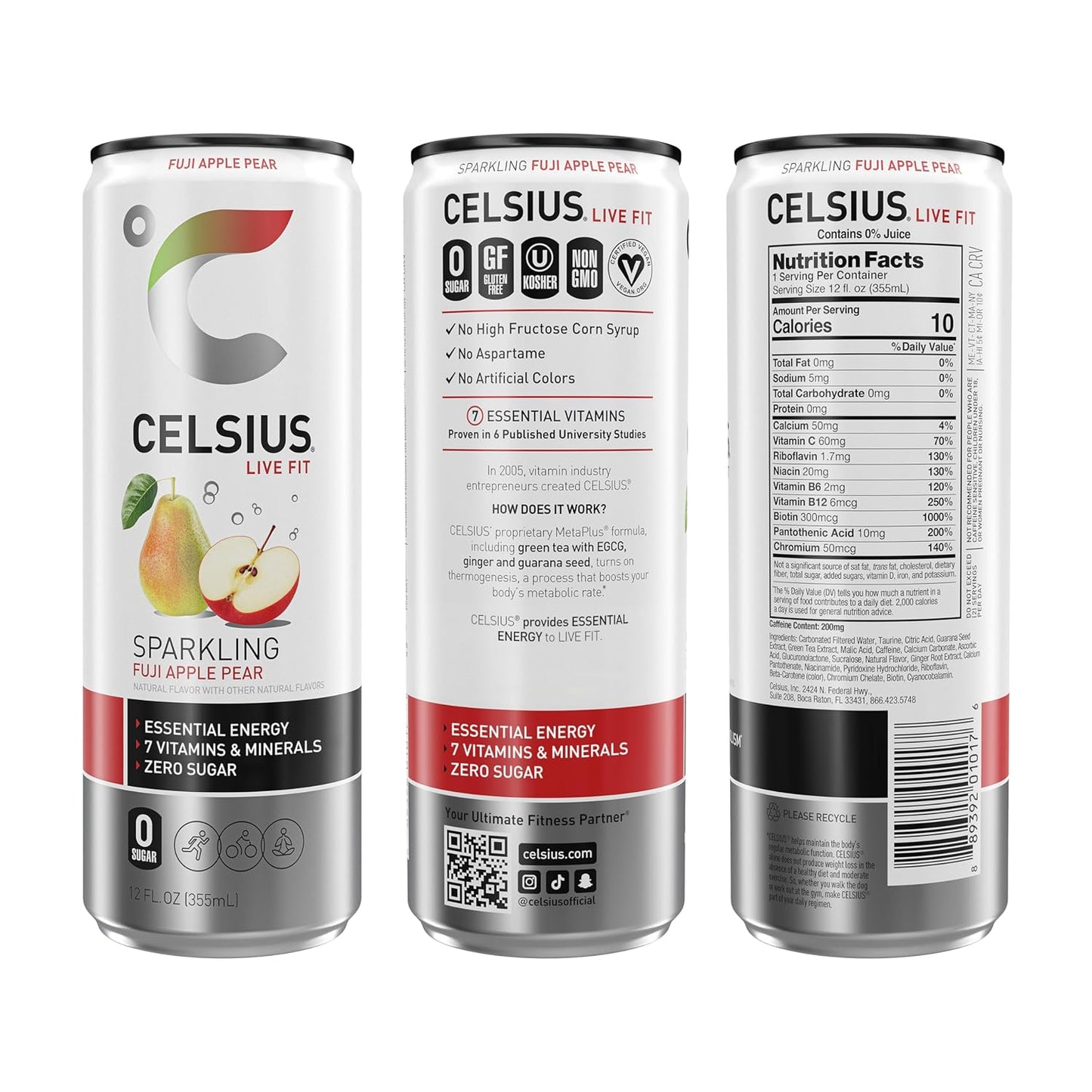 CELSIUS Sparkling Fuji Apple Pear, Functional Essential Energy Drink 12 Fl Oz (Pack of 12)