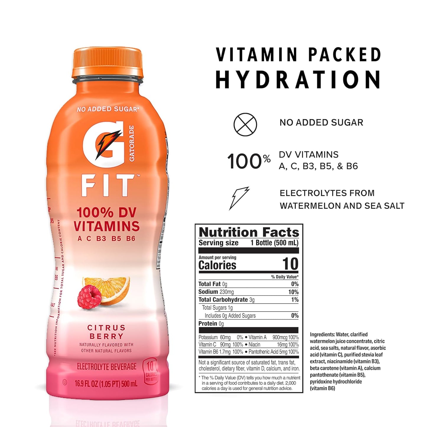 Gatorade Fit Electrolyte Beverage, Healthy Real Hydration, Citrus Berry, 16.9.oz Bottles (12 Pack)